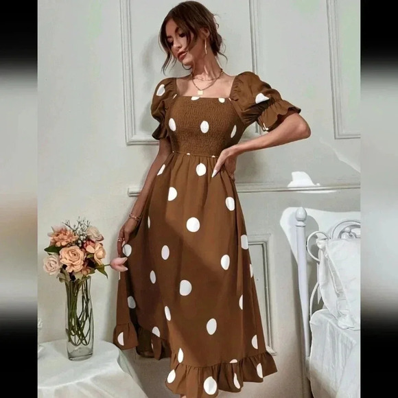 Polka Dot Print Puff Sleeve Shirred Ruffle Hem Dress - Picture 1 of 5